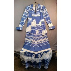 Vintage 60-70s Arémis Dress Floor Length Maxi Blue Floral Collar Designer Italy‎